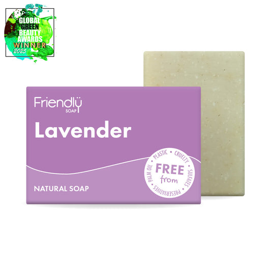 Lavender natural soap with packaging on a white background