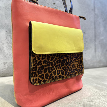 Layla Pink & Yellow Leopard Pocket Tote