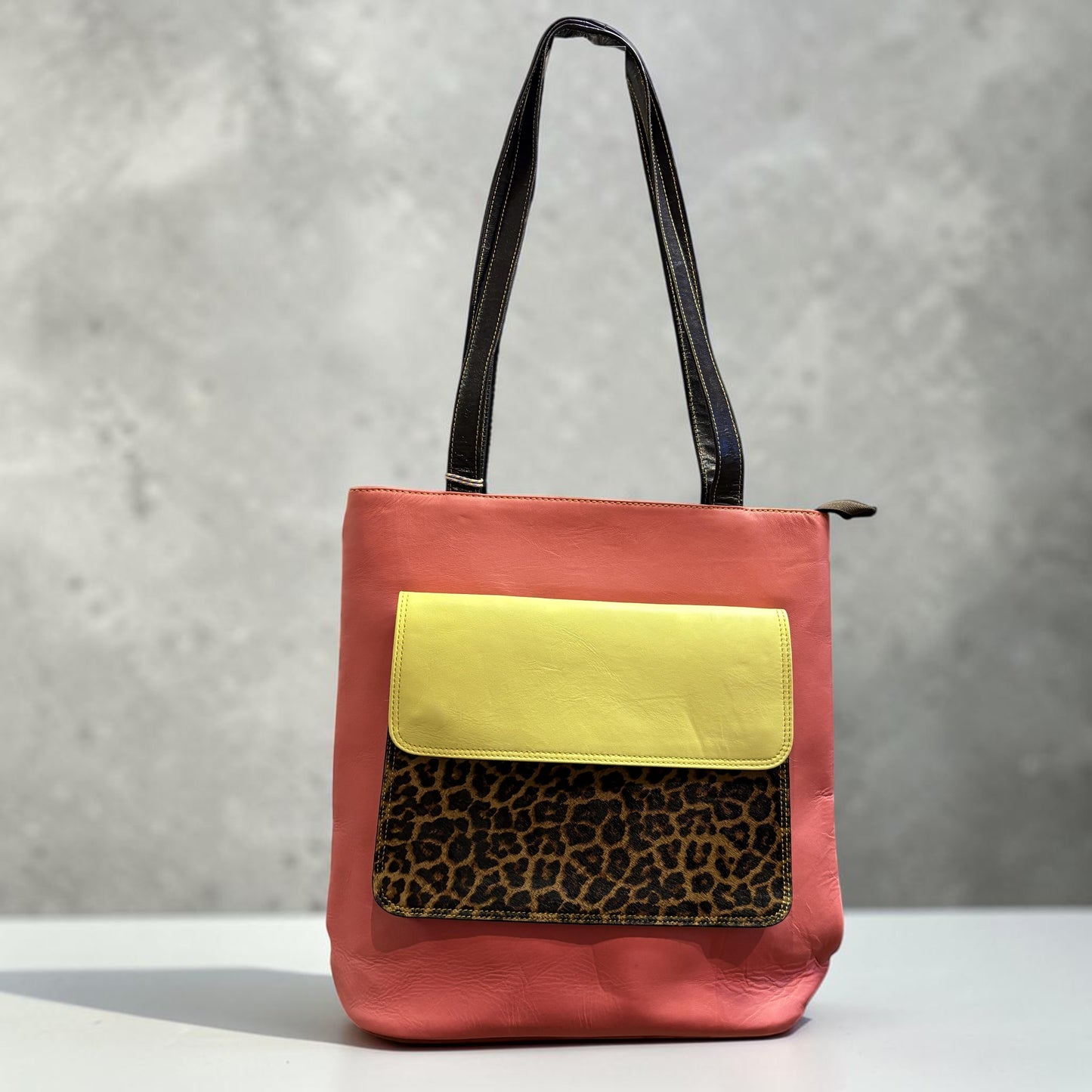 Layla Pink & Yellow Leopard Pocket Tote