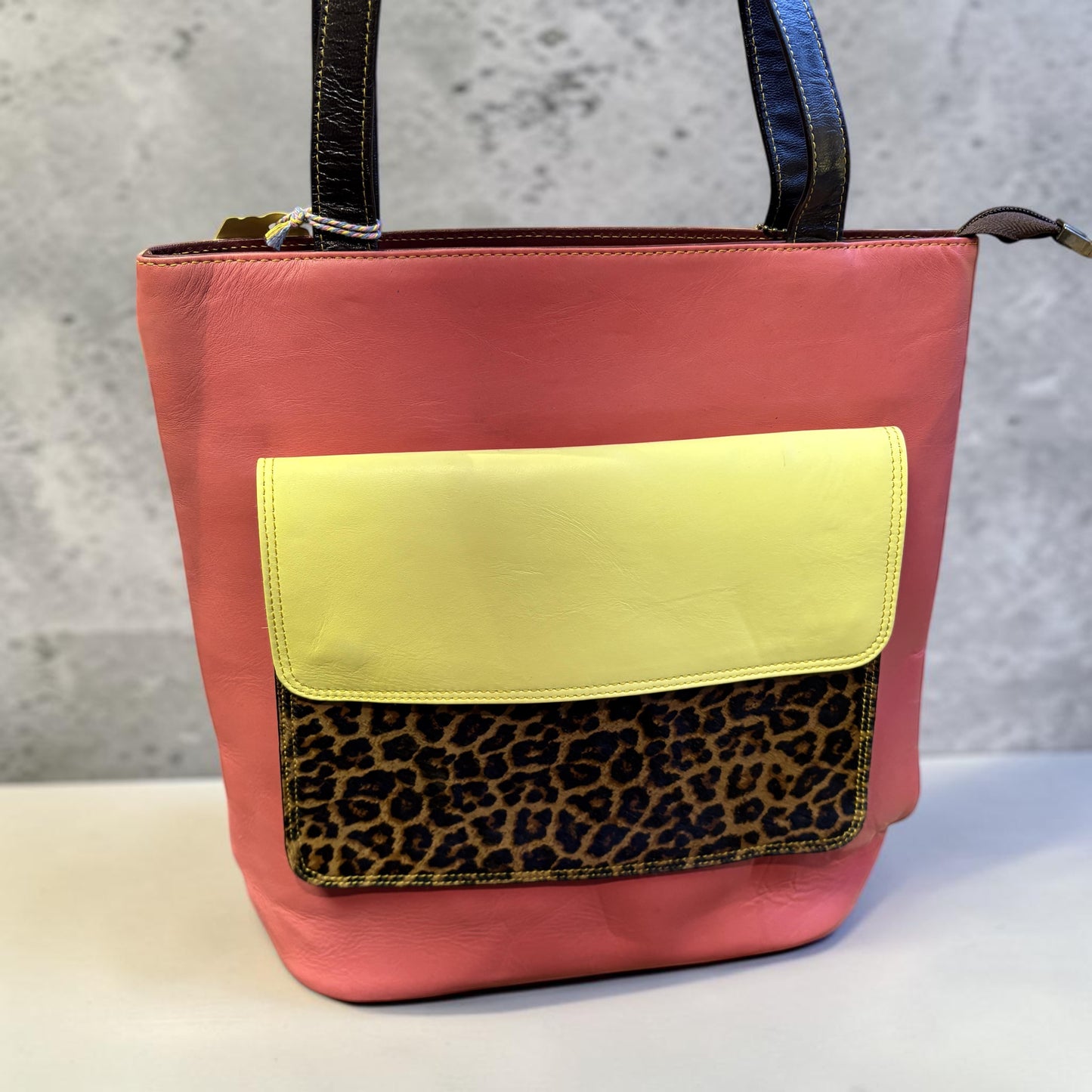 Layla Pink & Yellow Leopard Pocket Tote