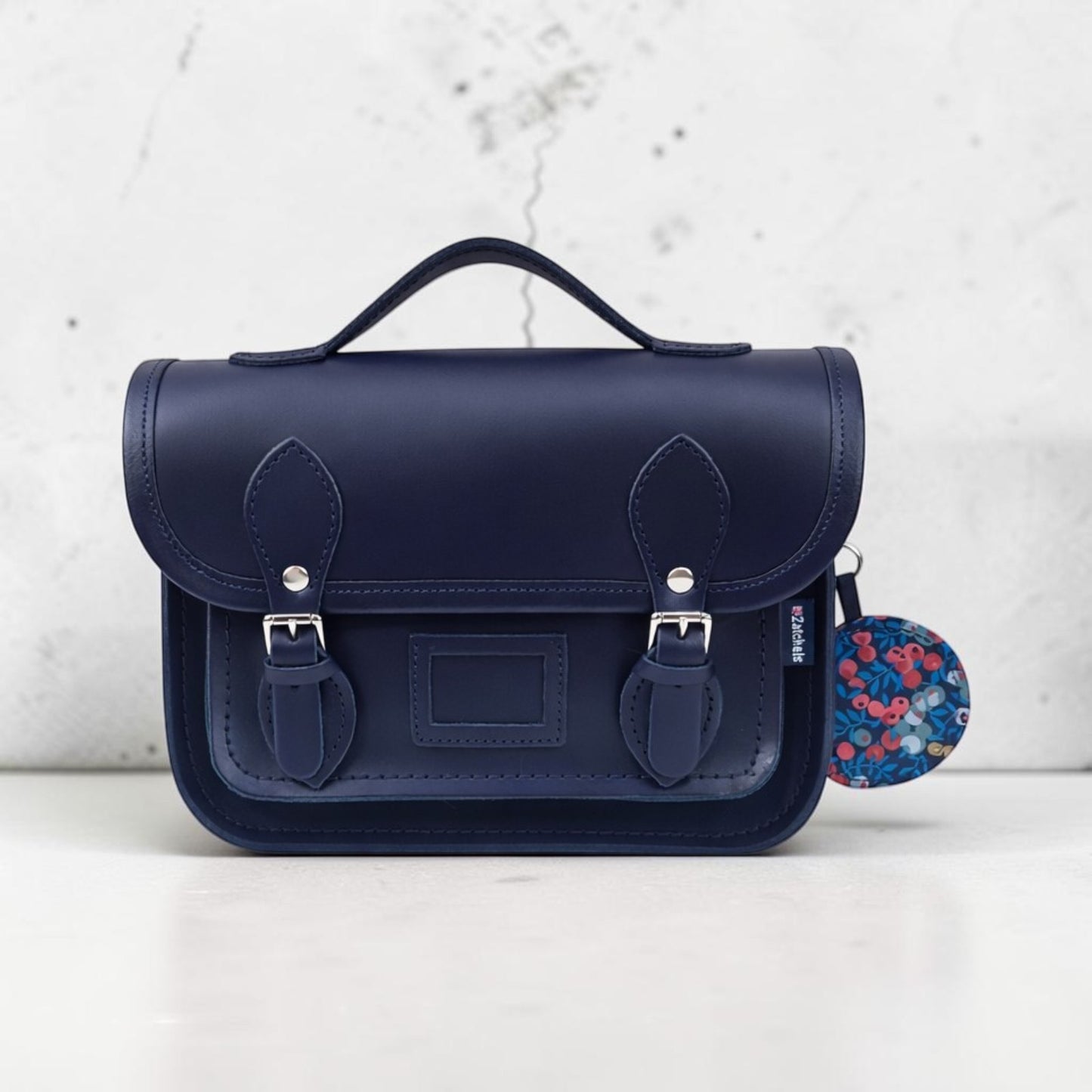 Floral Lined Leather Midi Satchel - Navy