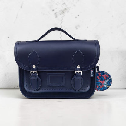 Floral Lined Leather Midi Satchel - Navy
