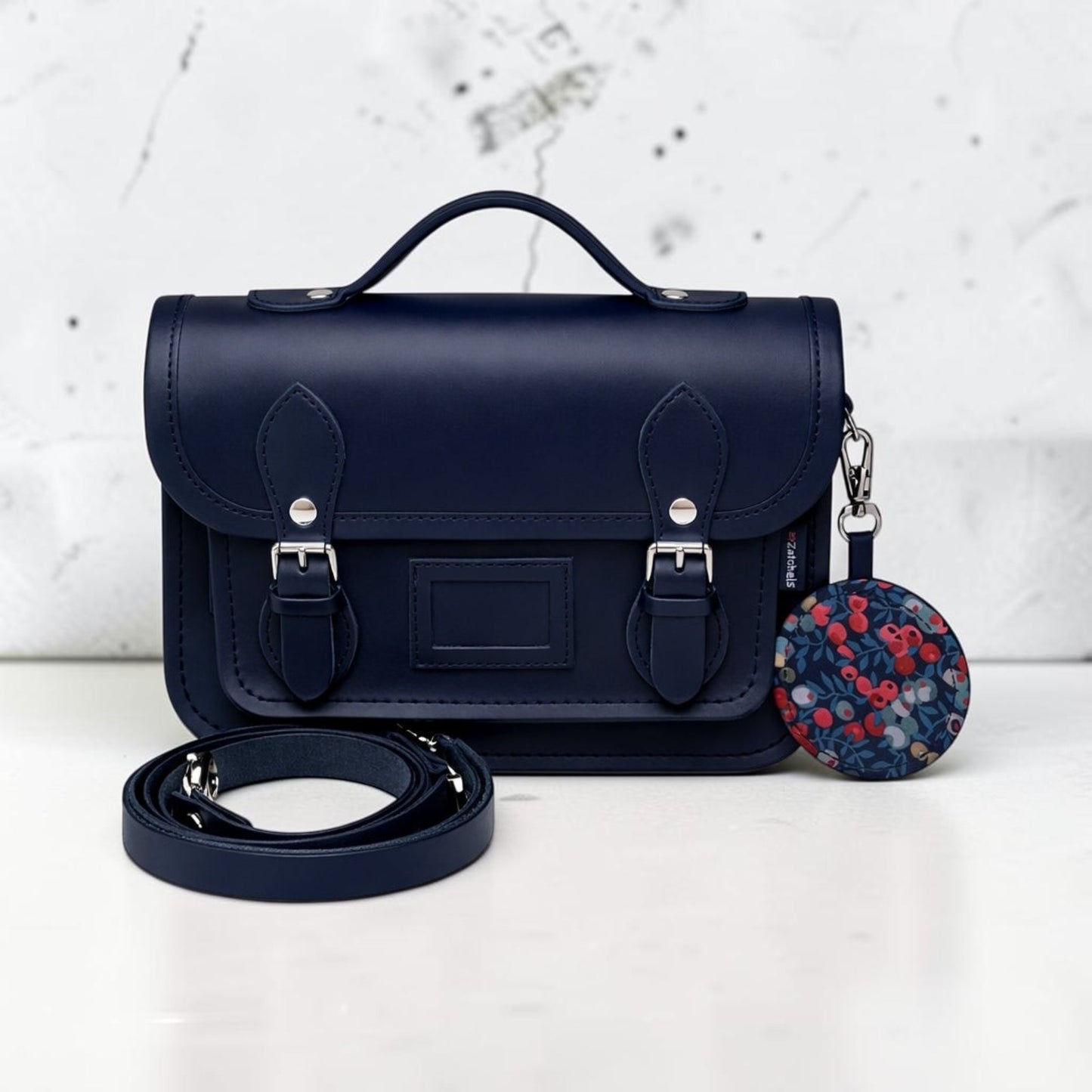 Floral Lined Leather Midi Satchel - Navy