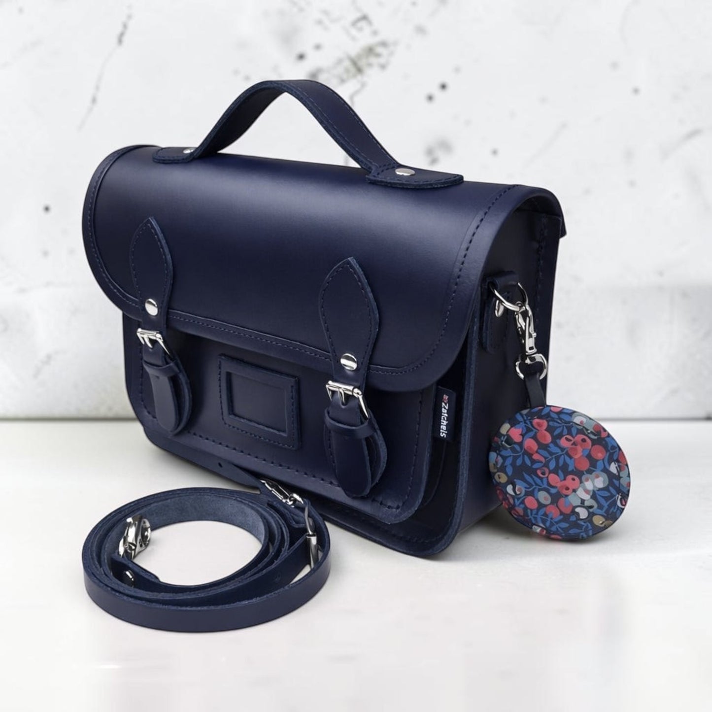 Floral Lined Leather Midi Satchel - Navy