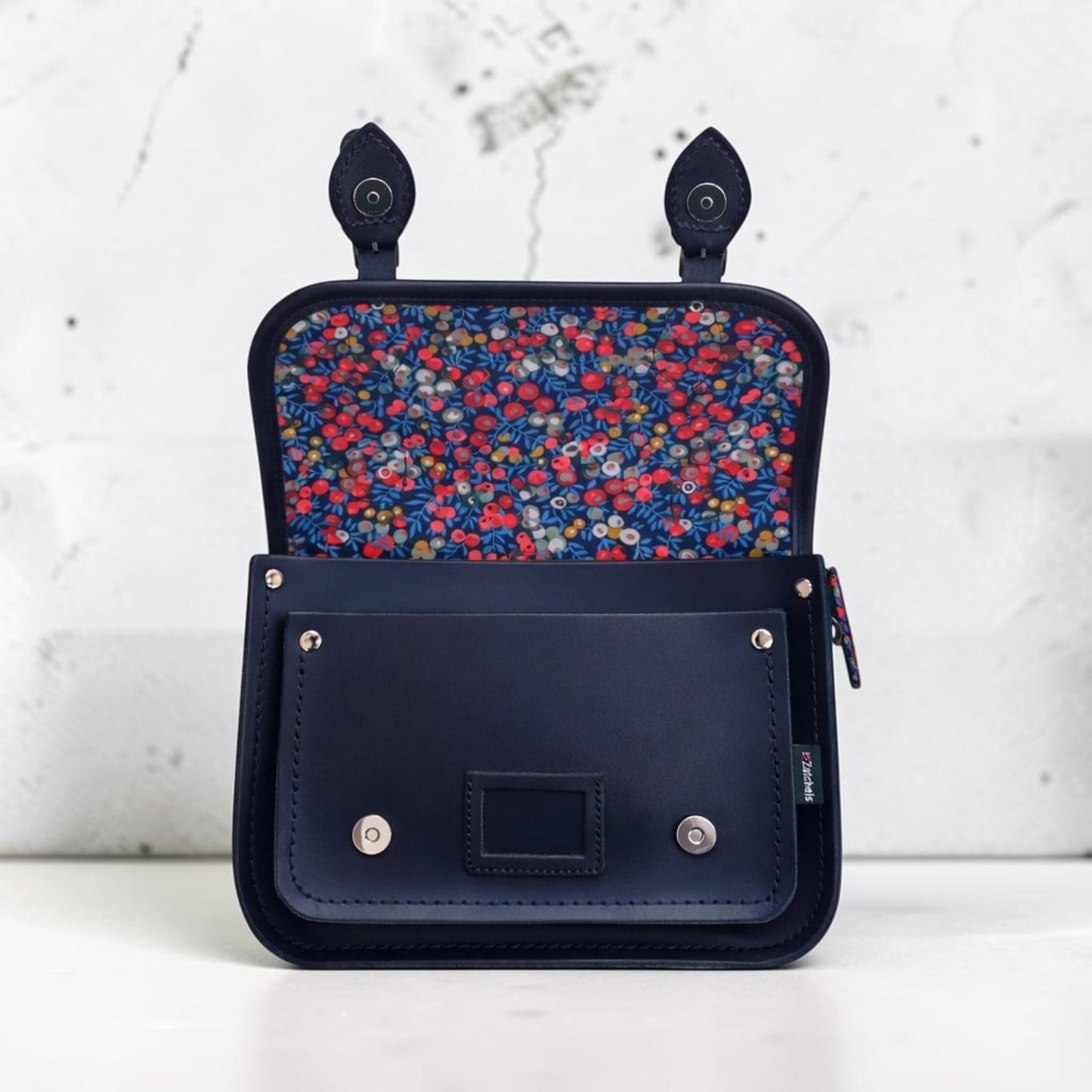 Floral Lined Leather Midi Satchel - Navy