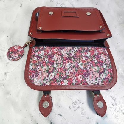Floral Lined Leather Midi Satchel - Oxblood