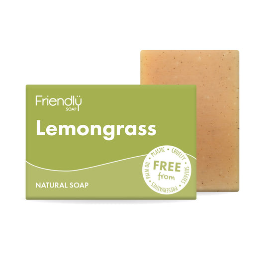 Lemongrass natural soap bar with green packaging on a white background