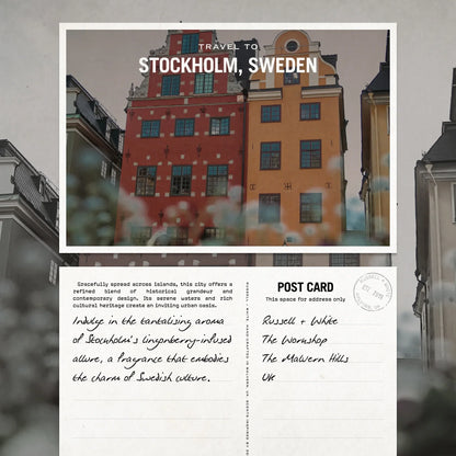 Postcard with a scenic view of a building in Stockholm, Sweden, and text about travel to Stockholm.