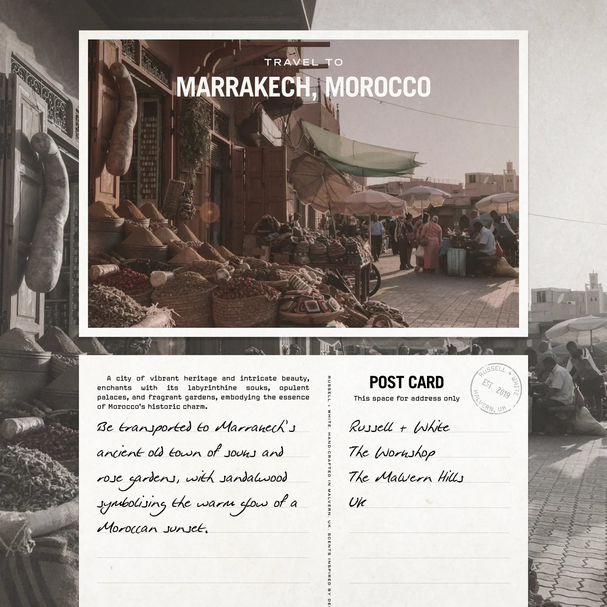 Travel postcard to Marrakech, Morocco with market scene and handwritten text.
