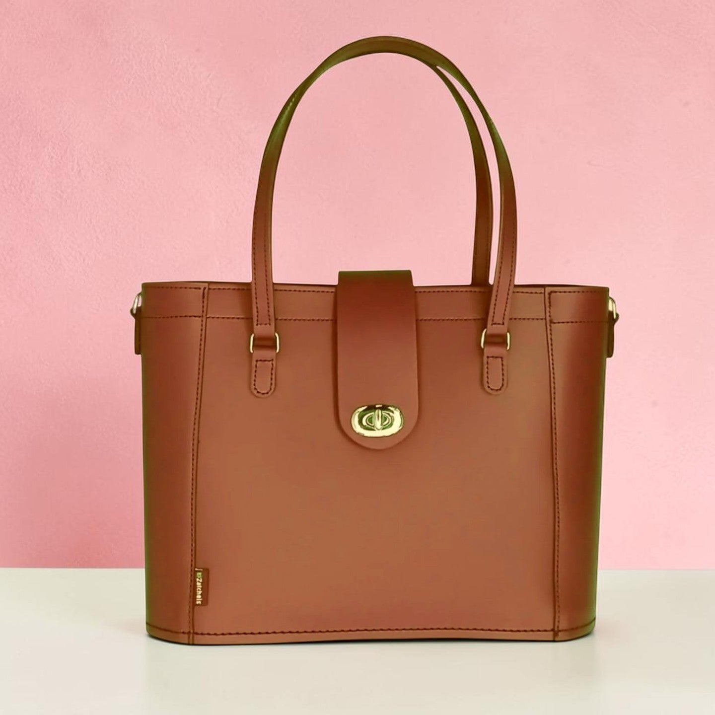 Leather Mini Twist Lock Shopper Bag - Chestnut