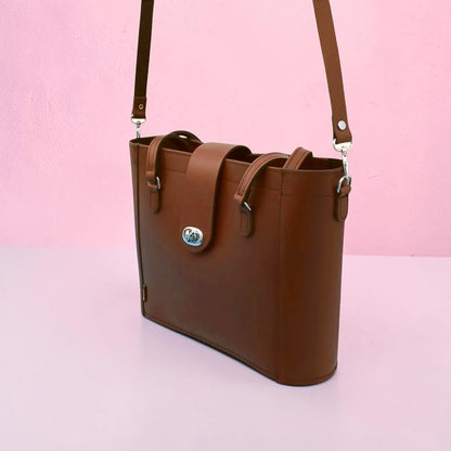 Leather Mini Twist Lock Shopper Bag - Chestnut