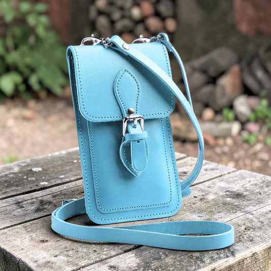 Handmade Leather Mobile Phone Pouch Plus - Baby Blue