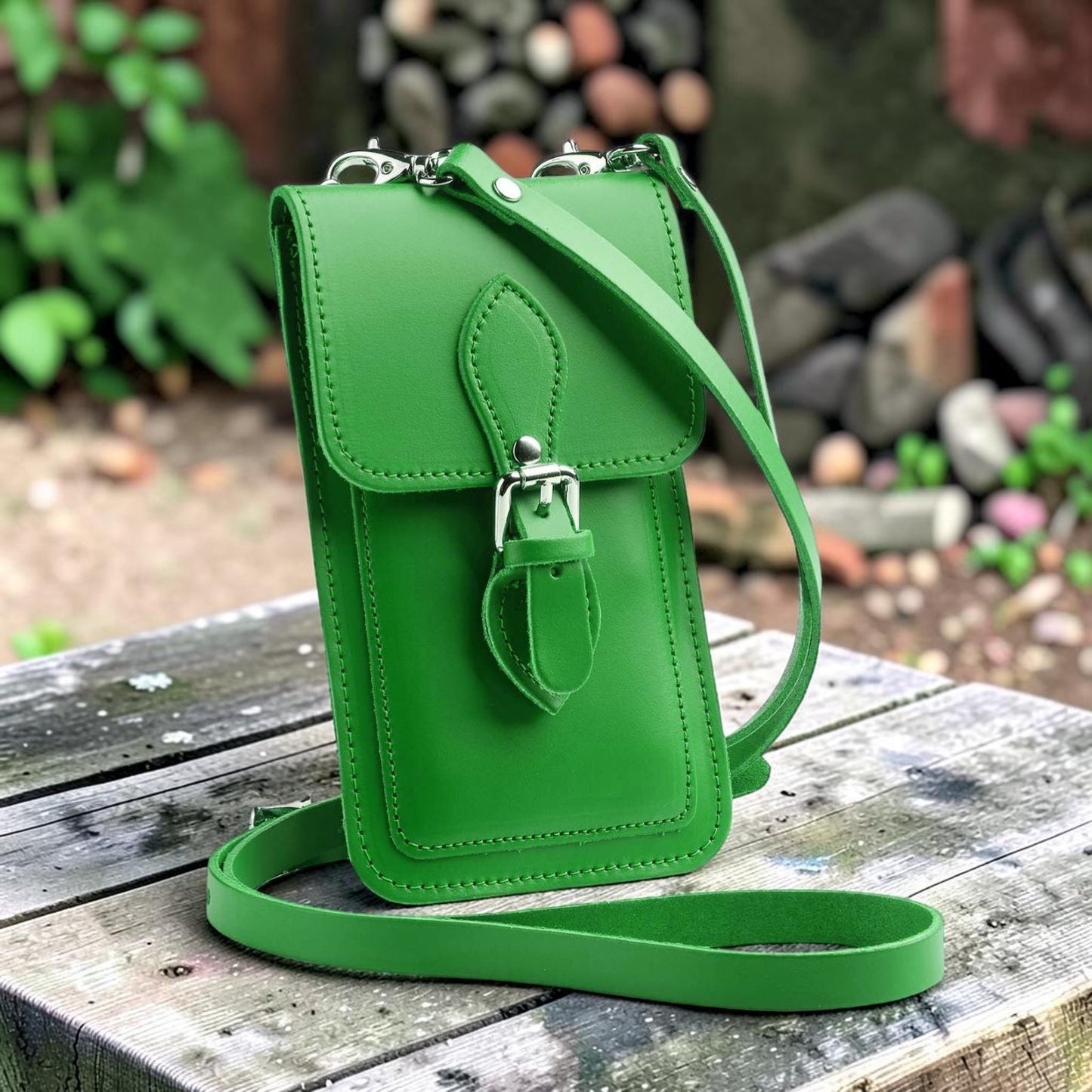 Handmade Leather Mobile Phone Pouch Plus - Green