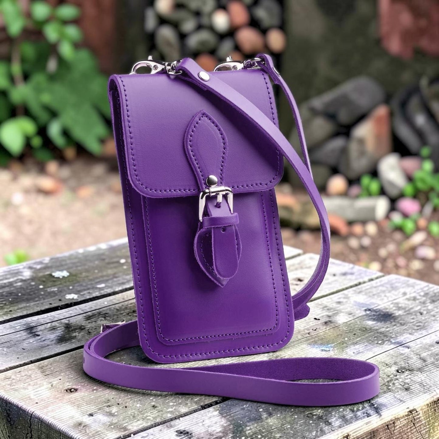 Handmade Leather Mobile Phone Pouch Plus - Purple