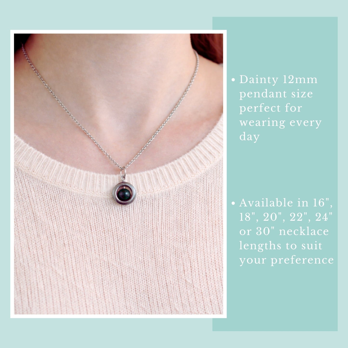 Necklace with a purple pendant worn by a person, on a light blue background with text about necklace length options.