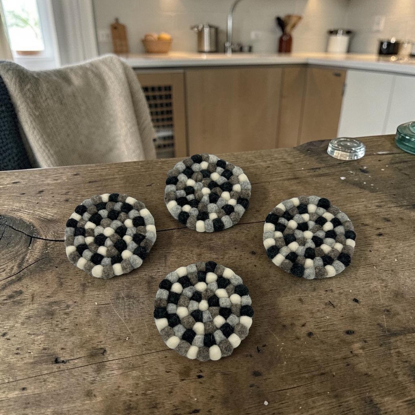 Felt Ball Round Coasters - Multi Grey colour (set of 4)