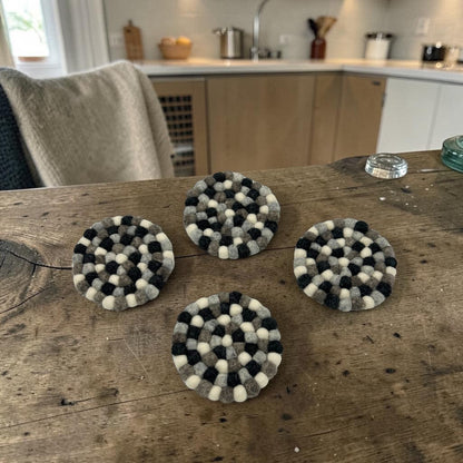 Felt Ball Round Coasters - Multi Grey colour (set of 4)