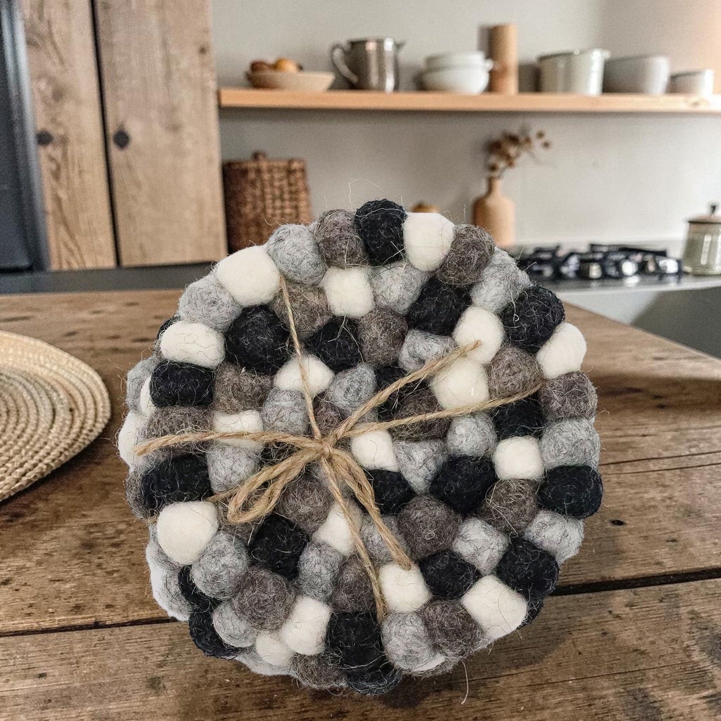 Felt Ball Round Coasters - Multi Grey colour (set of 4)