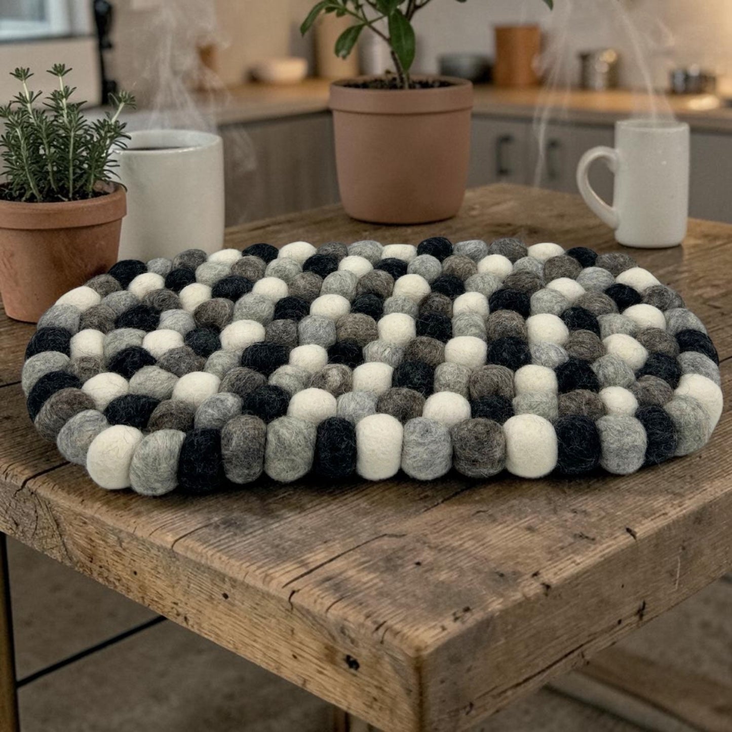 Felt Ball Oval Centre Table Mat - Multi Grey Colour