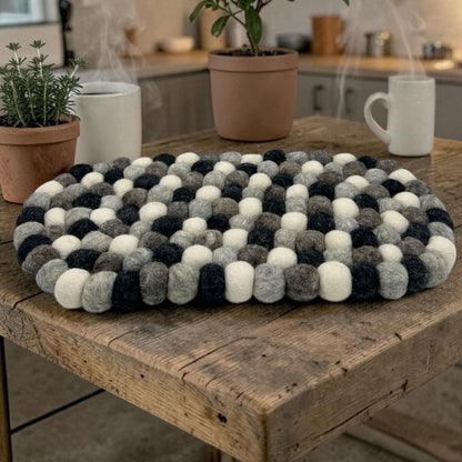 Felt Ball Oval Centre Table Mat - Multi Grey Colour
