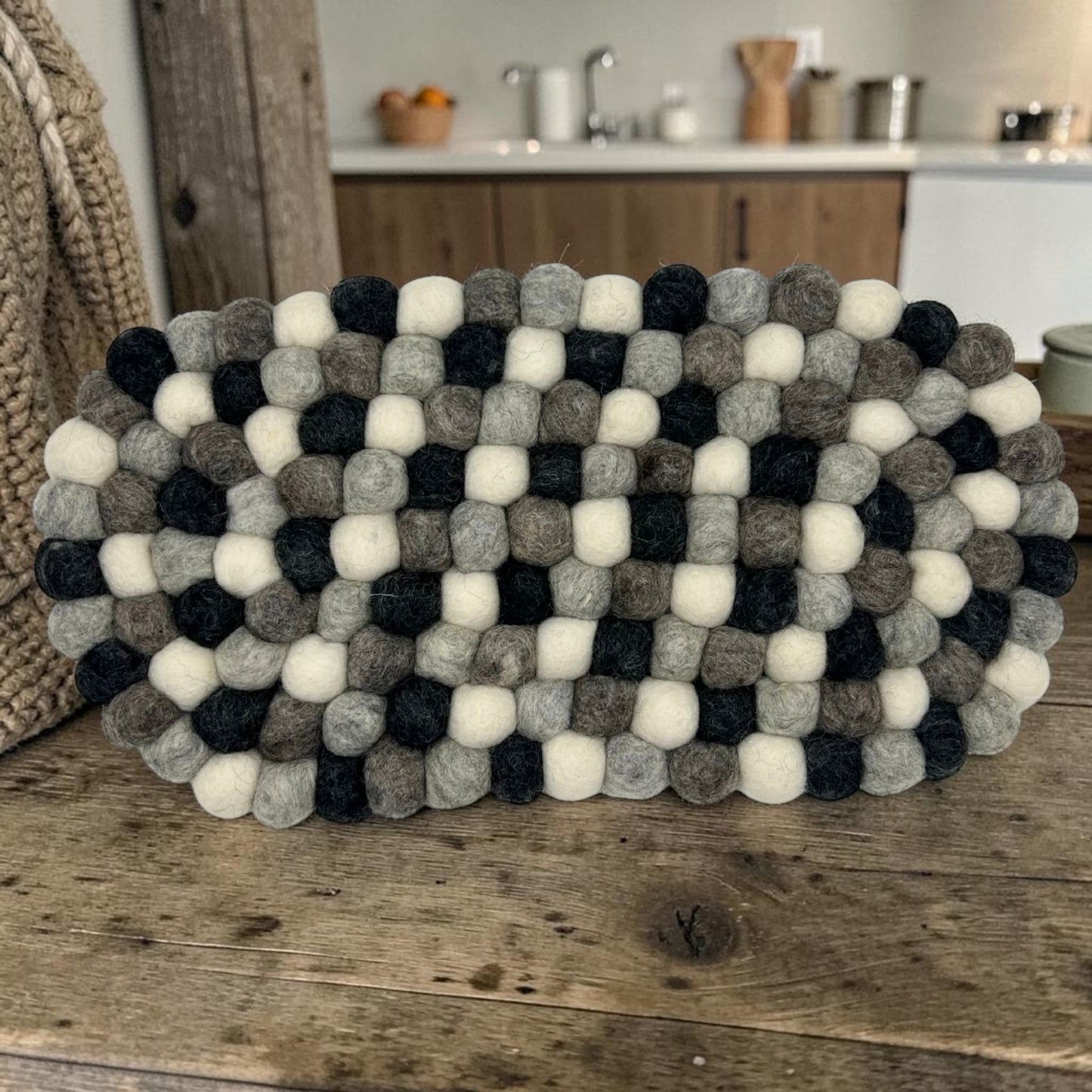 Felt Ball Oval Centre Table Mat - Multi Grey Colour