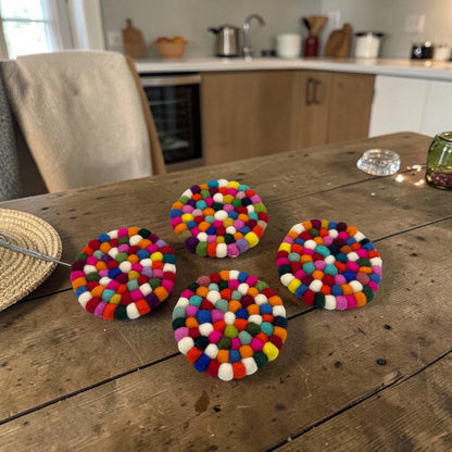 Felt Ball Round Coasters - Multi colour (set of 4)