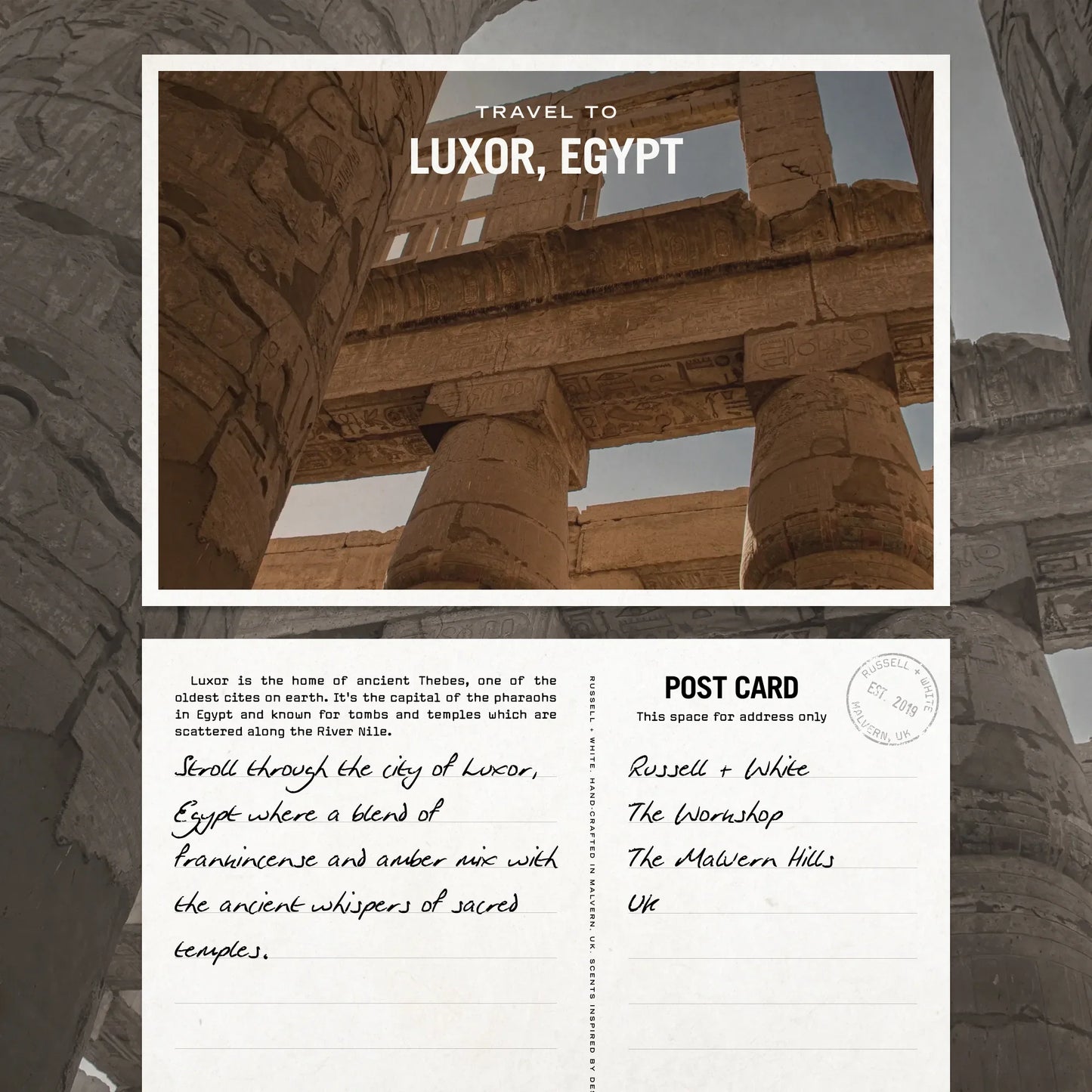 Postcard with ancient Egyptian architecture and travel text about Luxor, Egypt.