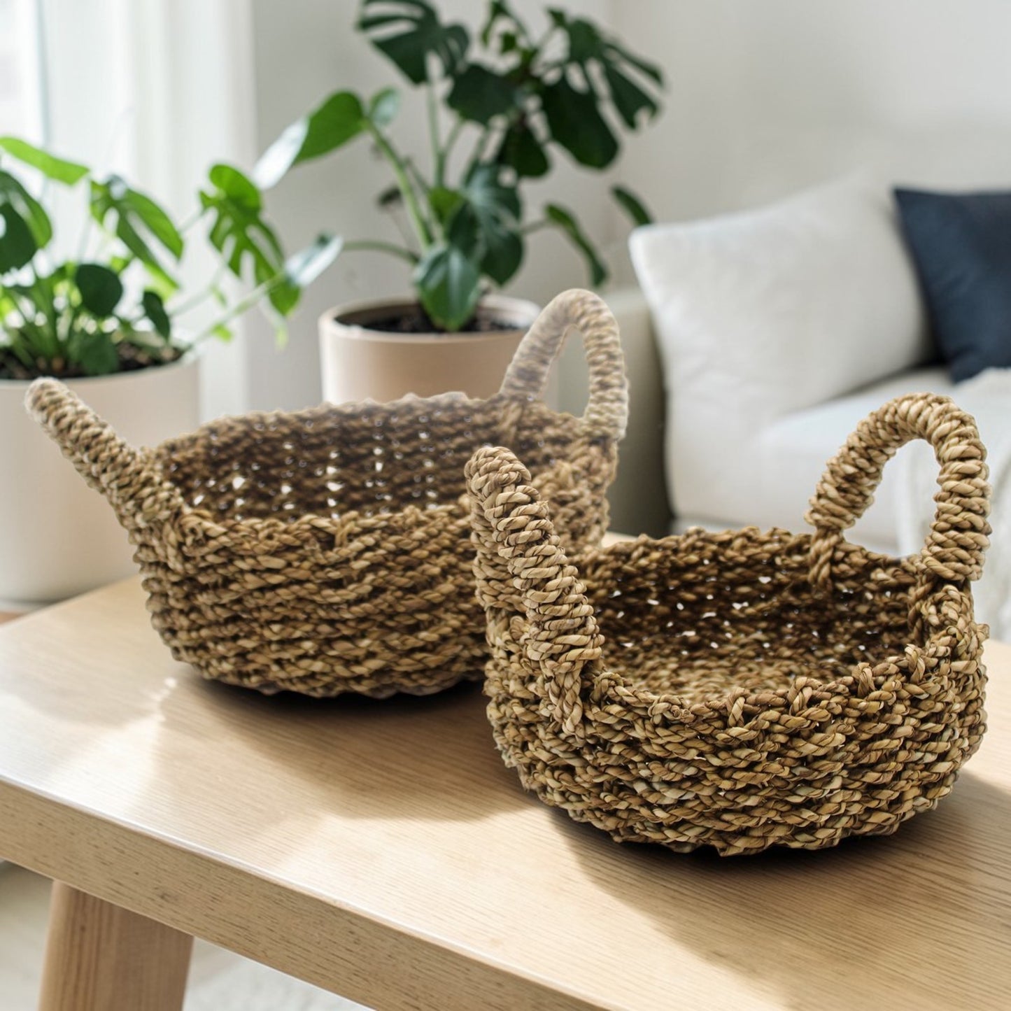 Natural Seagrass Baskets With Handles - Set of 2