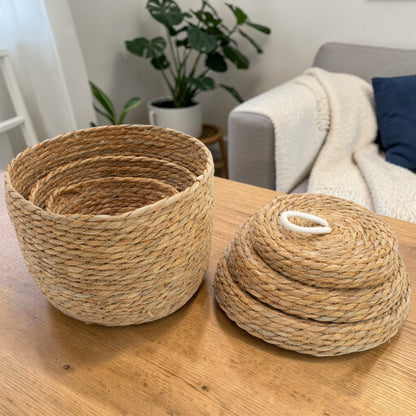 Natural Seagrass & Cotton Round Baskets with Lids - Set of 3