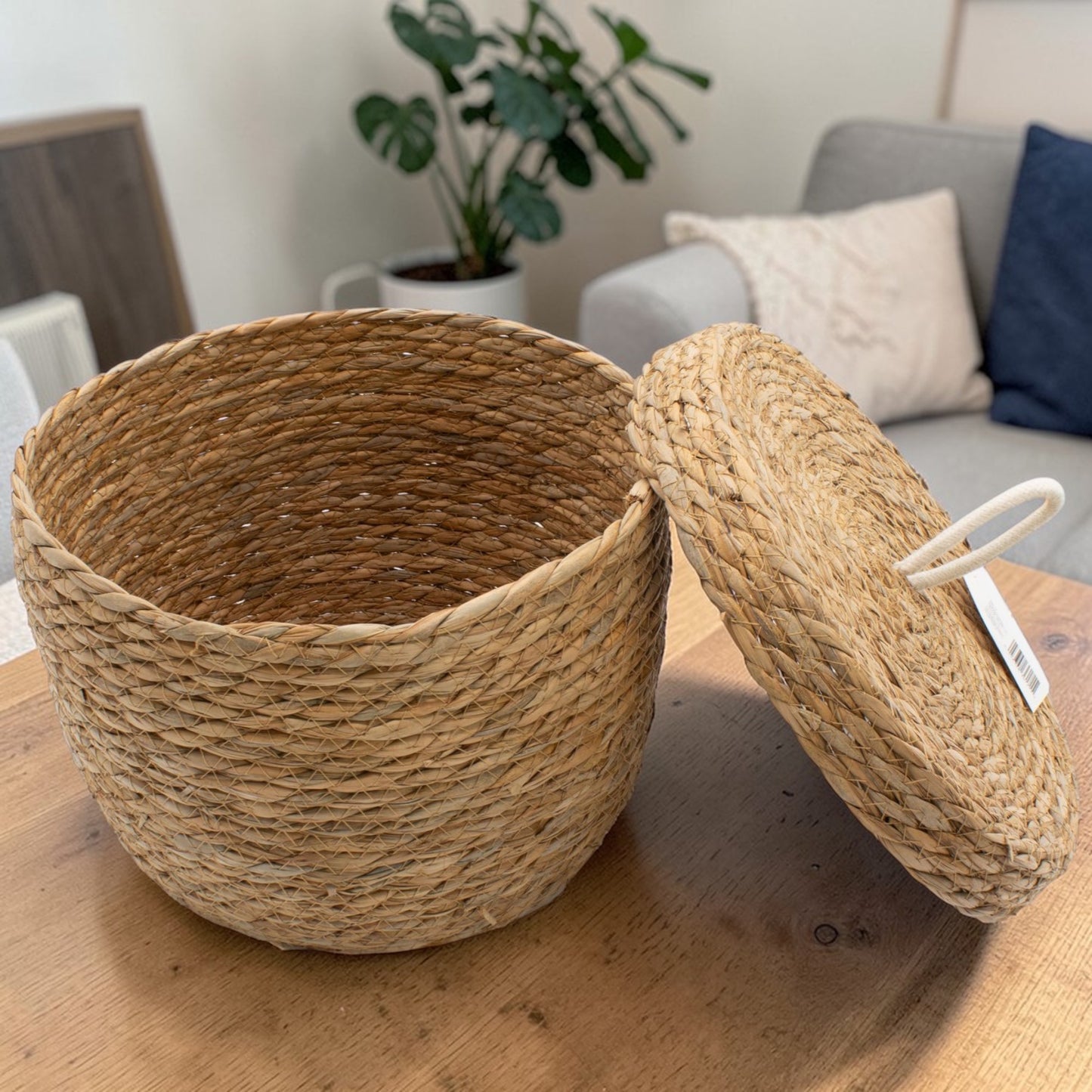 Natural Seagrass & Cotton Round Baskets with Lids - Set of 3