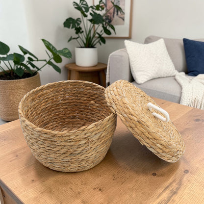 Natural Seagrass & Cotton Round Baskets with Lids - Set of 3