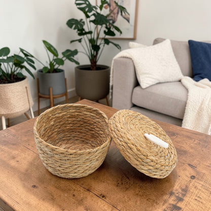 Natural Seagrass & Cotton Round Baskets with Lids - Set of 3