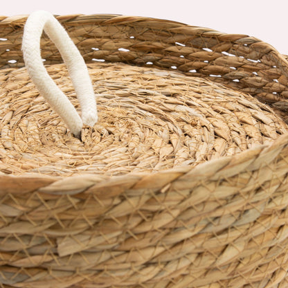 Natural Seagrass & Cotton Round Baskets with Lids - Set of 3