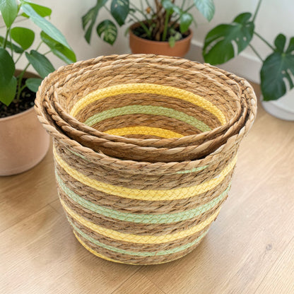 Natural, Yellow & Green Seagrass & Straw Baskets  - Set of 3