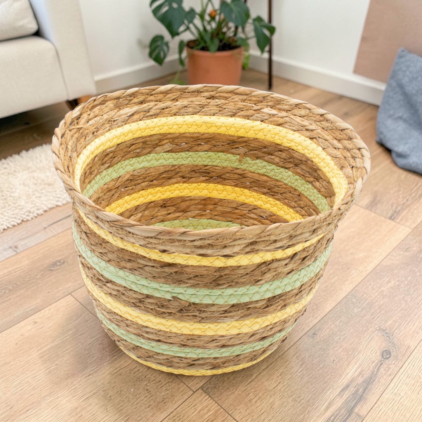 Natural, Yellow & Green Seagrass & Straw Baskets  - Set of 3