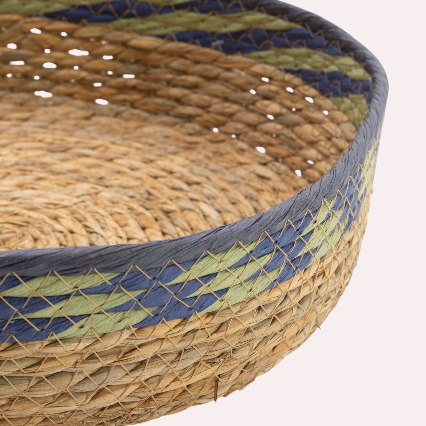 Natural, Green & Blue Straw & Seagrass Tray Baskets - Set of 3