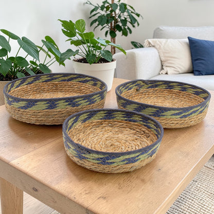 Natural, Green & Blue Straw & Seagrass Tray Baskets - Set of 3
