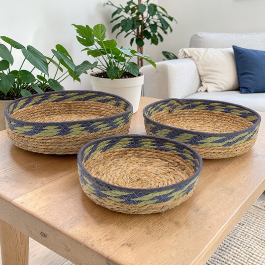 Natural, Green & Blue Straw & Seagrass Tray Baskets - Set of 3