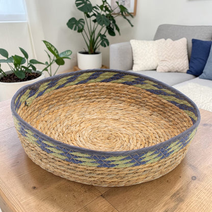 Natural, Green & Blue Straw & Seagrass Tray Baskets - Set of 3