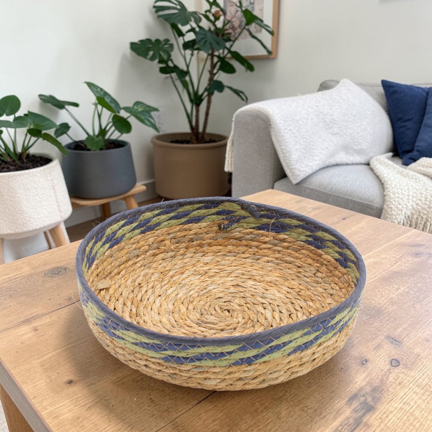 Natural, Green & Blue Straw & Seagrass Tray Baskets - Set of 3