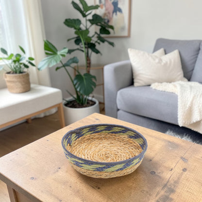 Natural, Green & Blue Straw & Seagrass Tray Baskets - Set of 3