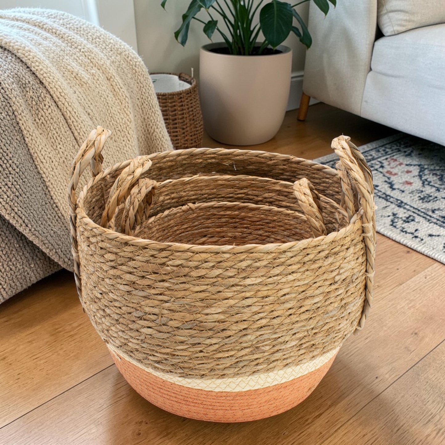 Natural & Orange Straw & Seagrass Baskets - Set of 3