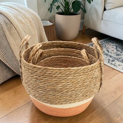 Natural & Orange Straw & Seagrass Baskets - Set of 3