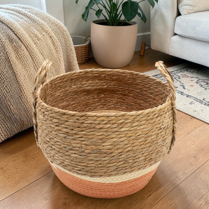 Natural & Orange Straw & Seagrass Baskets - Set of 3