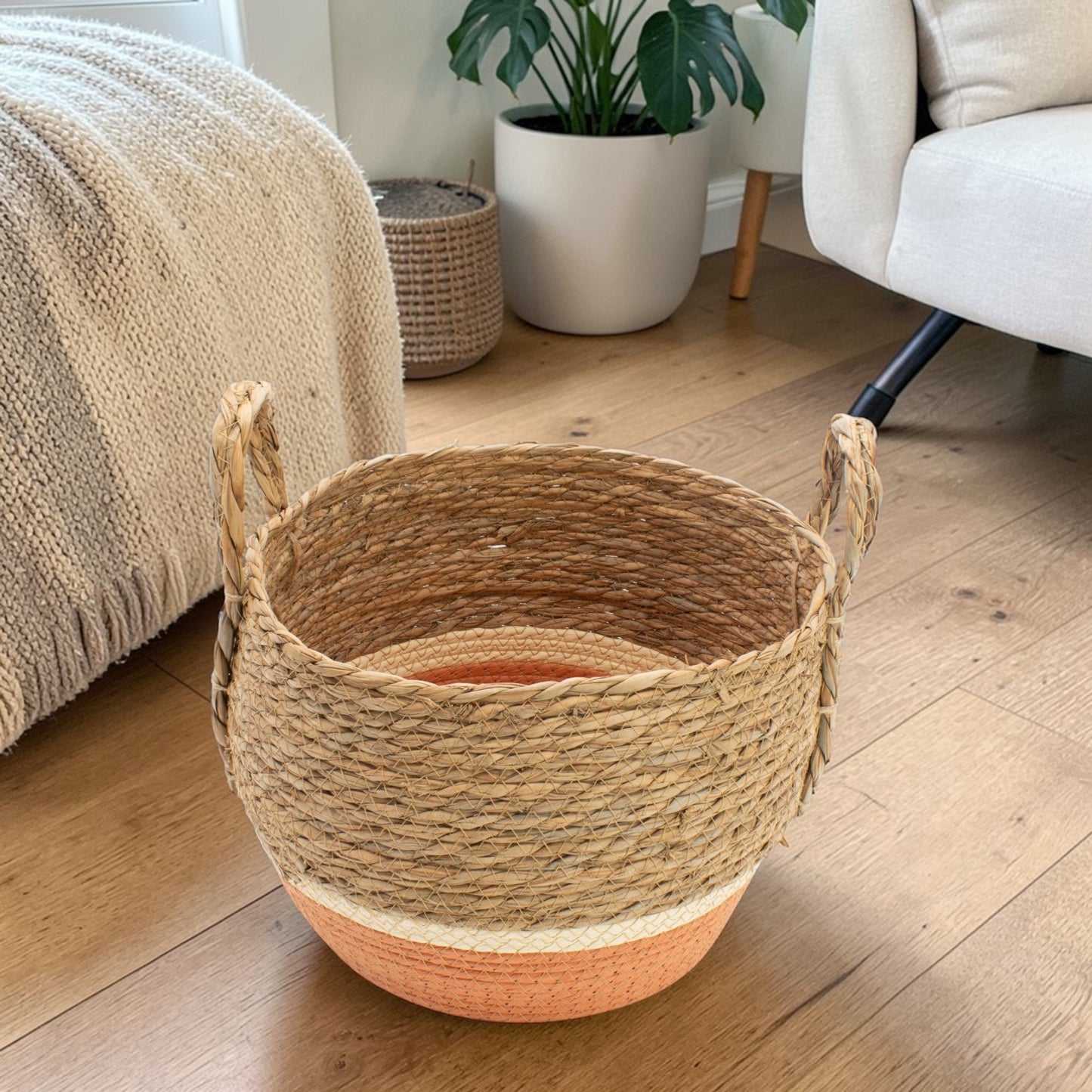 Natural & Orange Straw & Seagrass Baskets - Set of 3
