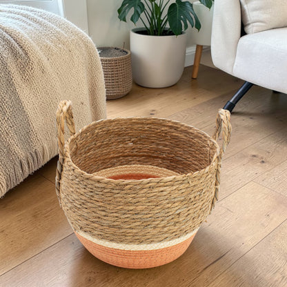 Natural & Orange Straw & Seagrass Baskets - Set of 3