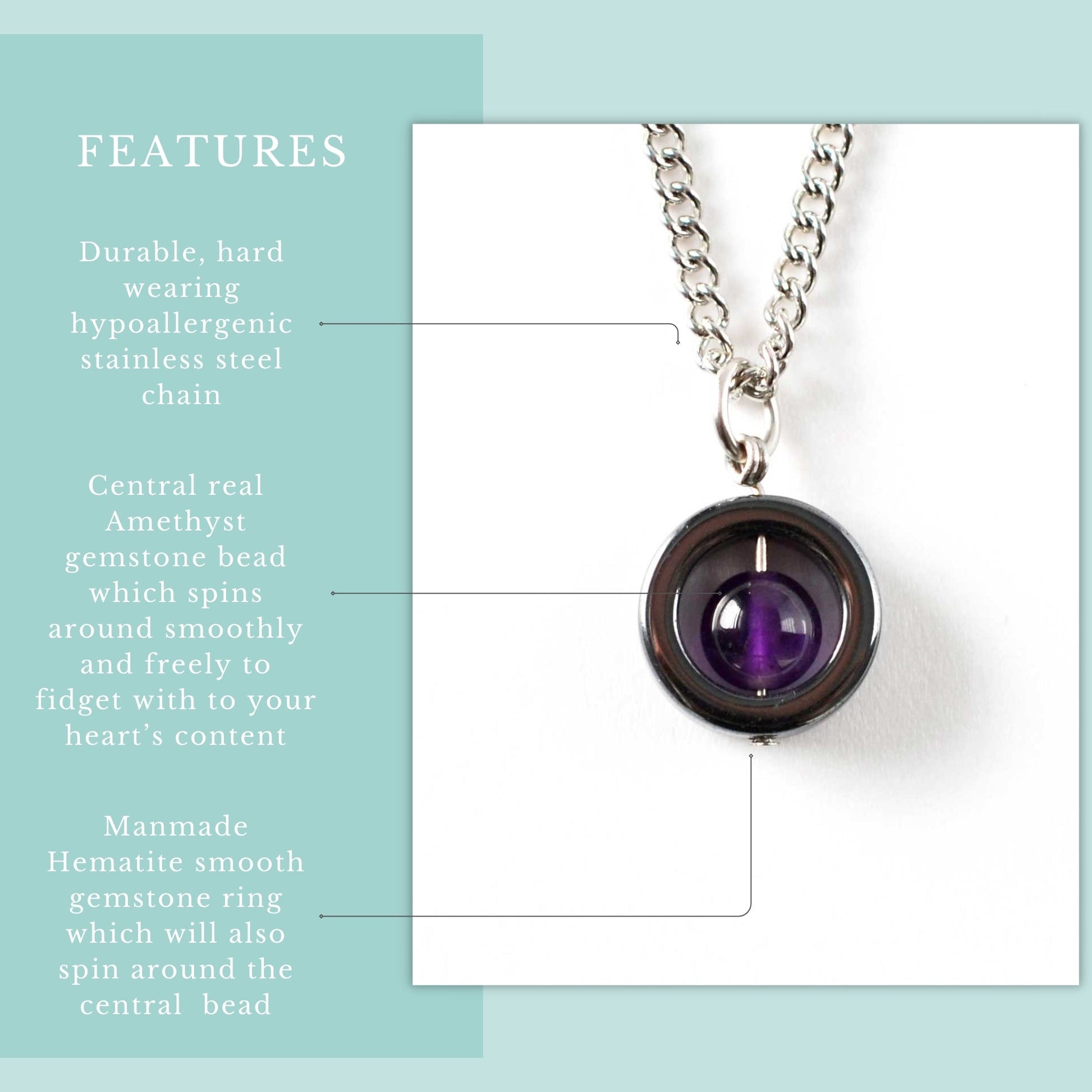 Necklace with a central amethyst gemstone bead on a light blue background