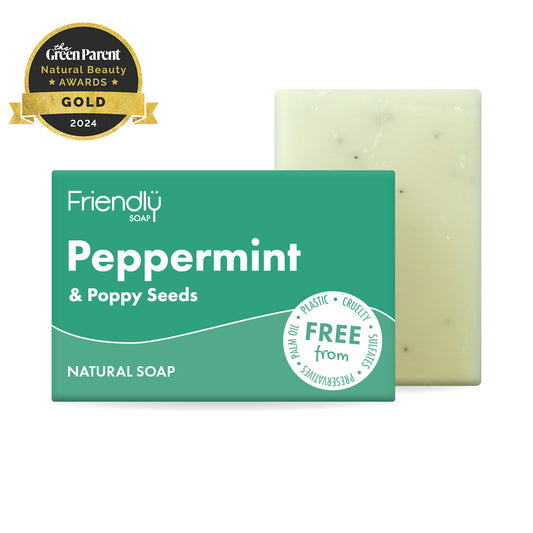 Friendly Soap bar with packaging labeled 'Peppermint & Poppy Seeds' and a Green Parent Award badge.