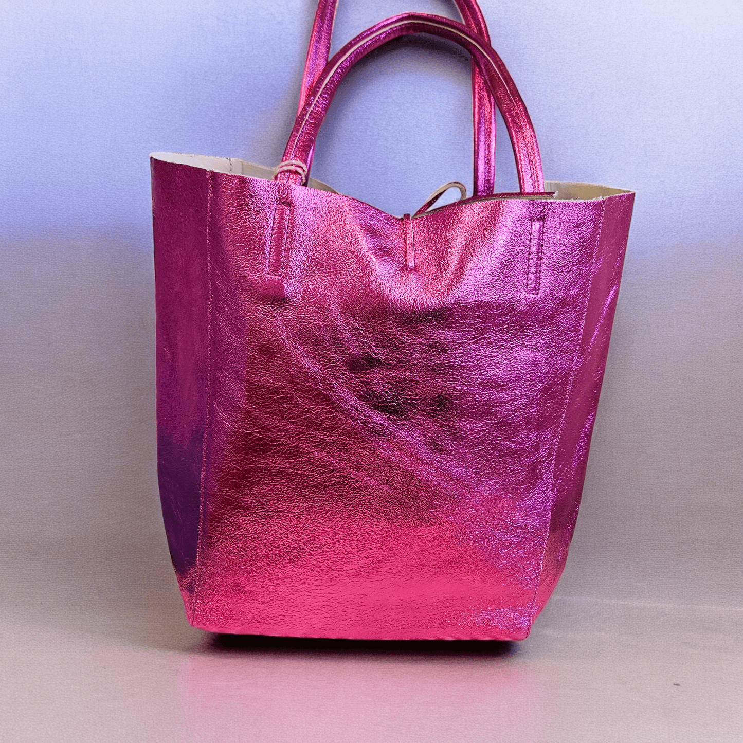 Camille Raspberry Metallic Italian Leather Tote Bag