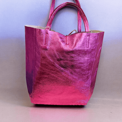 Camille Raspberry Metallic Italian Leather Tote Bag